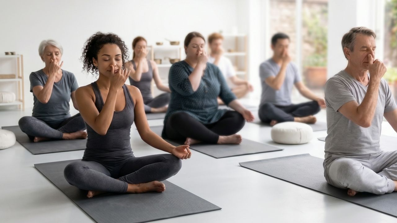 Groupd of yoga students practiicng pranayama in a yoga studio