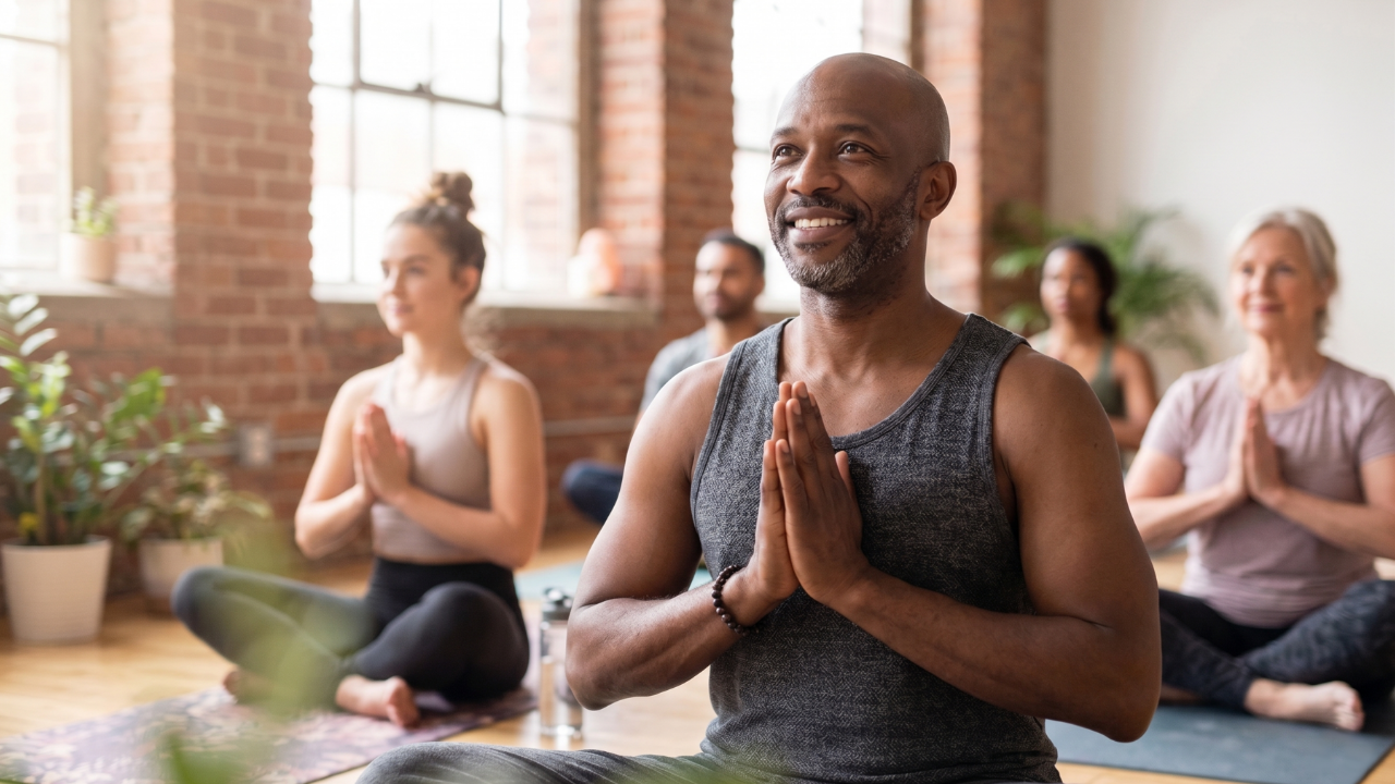 A middle-aged Black man smiles while sitting cross-legged in a yoga class, holding his hands together in a prayer position. Other students sit on mats behind him in a bright, brick-walled studio.