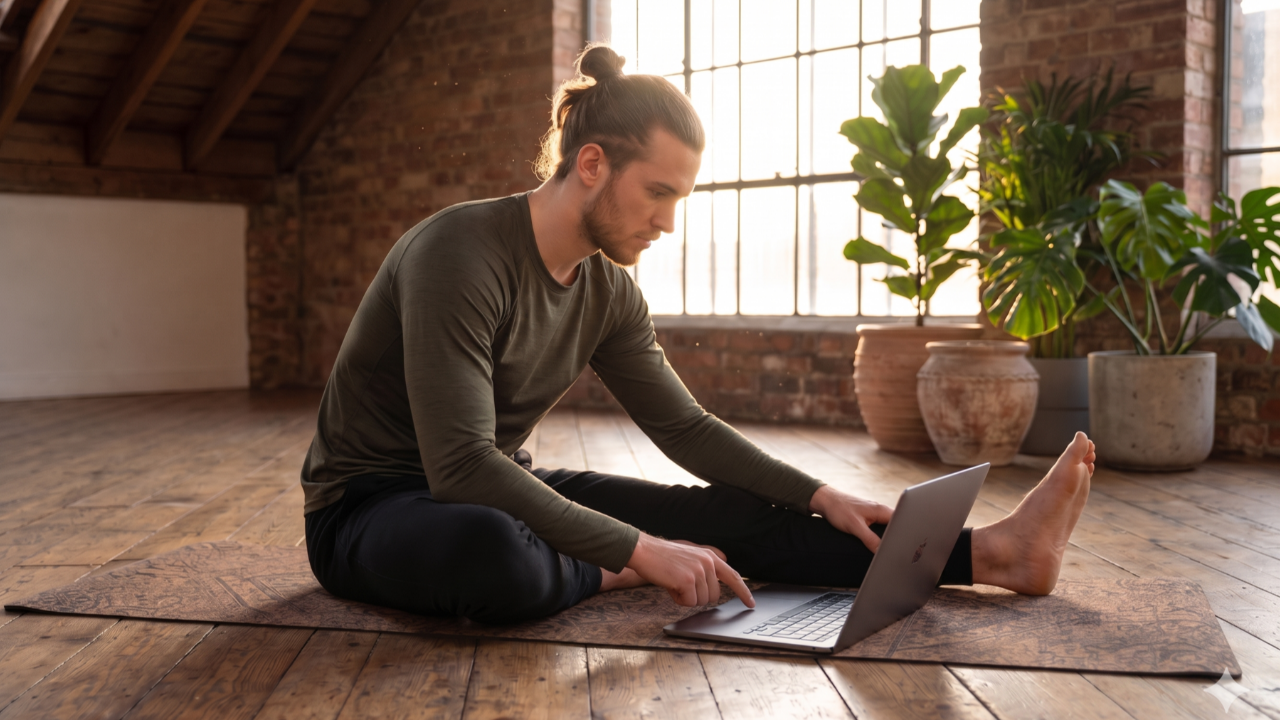 A manA man in an olive shirt uses a laptop on a yoga mat.