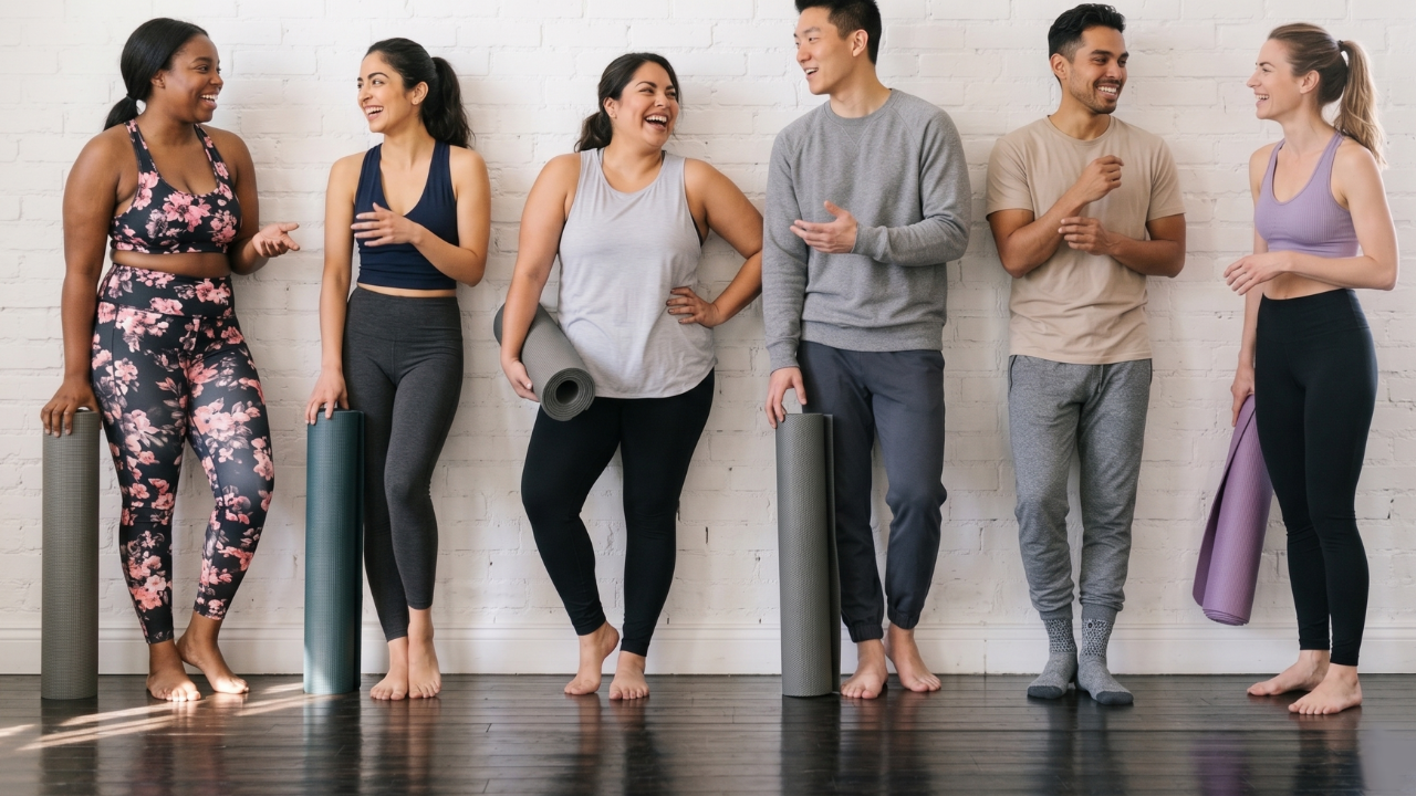 A group of yoga students laughing and talking in a yoga studio holding yoga mats.