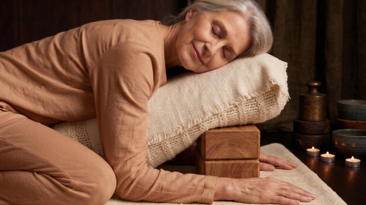 A serene photo of an older woman with grey hair, wearing brown linen clothing, peacefully resting in a restorative yoga pose. She is leaning over a large brown pillow with fringe, which is supported by two stacked wooden blocks on a mat. In the background are lit candles and meditation bowls