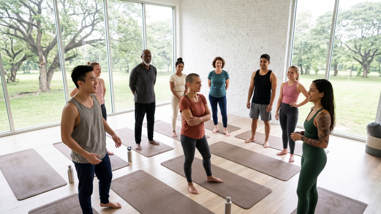 Yoga students talking to a yoga teacher in a brightly lit studio