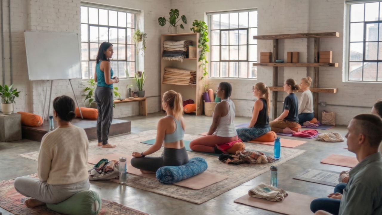 A lead teacher stands by a whiteboard, lecturing to a class of trainees seated on bolsters and cushions in a spacious, sunlit studio with large windows.