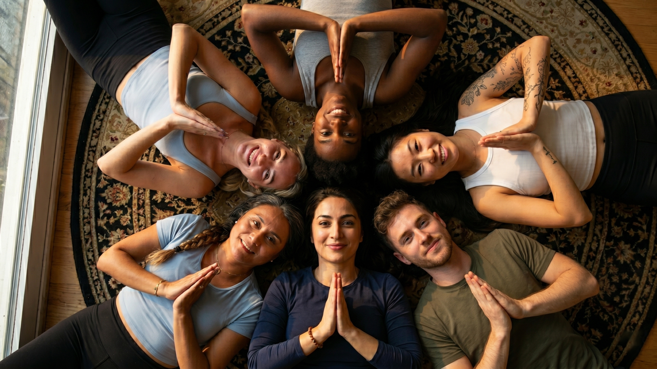 An overhead view of six diverse yoga students lying on a patterned circular rug with their heads together, smiling and holding their hands in a prayer position (Anjali Mudra).