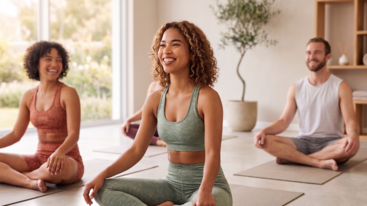 Close-up of a smiling woman with curly hair seated in a comfortable cross-legged meditation position during a bright, airy group class.