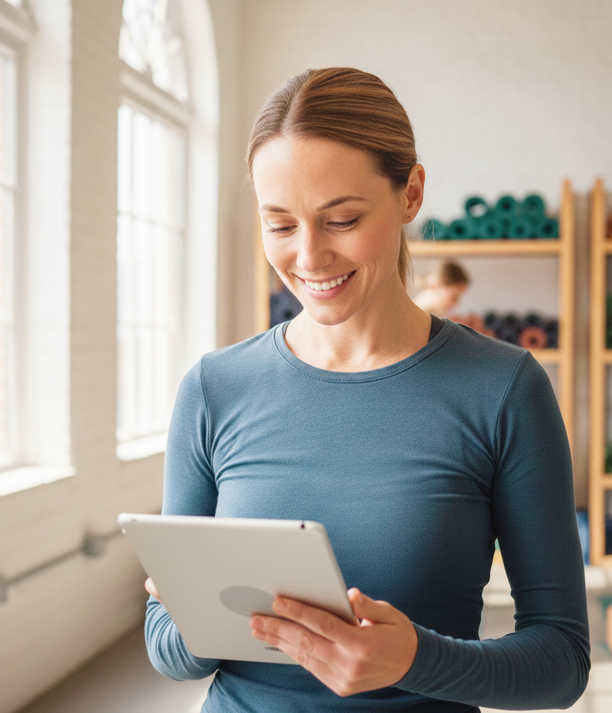 Smiling female yoga teacher using a tablet in a bright yoga studio with rolled yoga mats on shelves in the background.