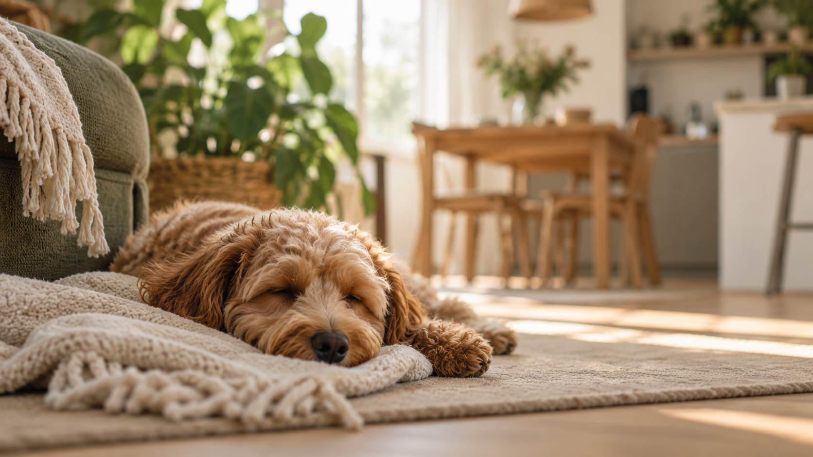 Slapende hond op een kleed in een lichte woonkamer