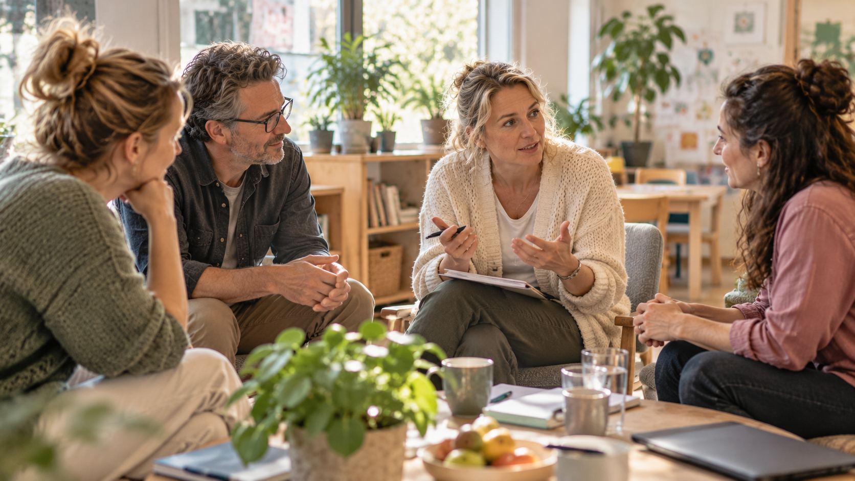 Team in gesprek tijdens een teamsessie