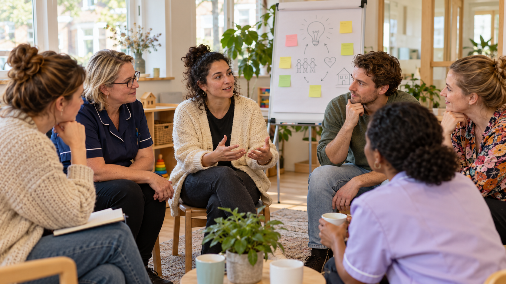 Team werkt samen aan een eigen plan met een flip-over vol ideeën