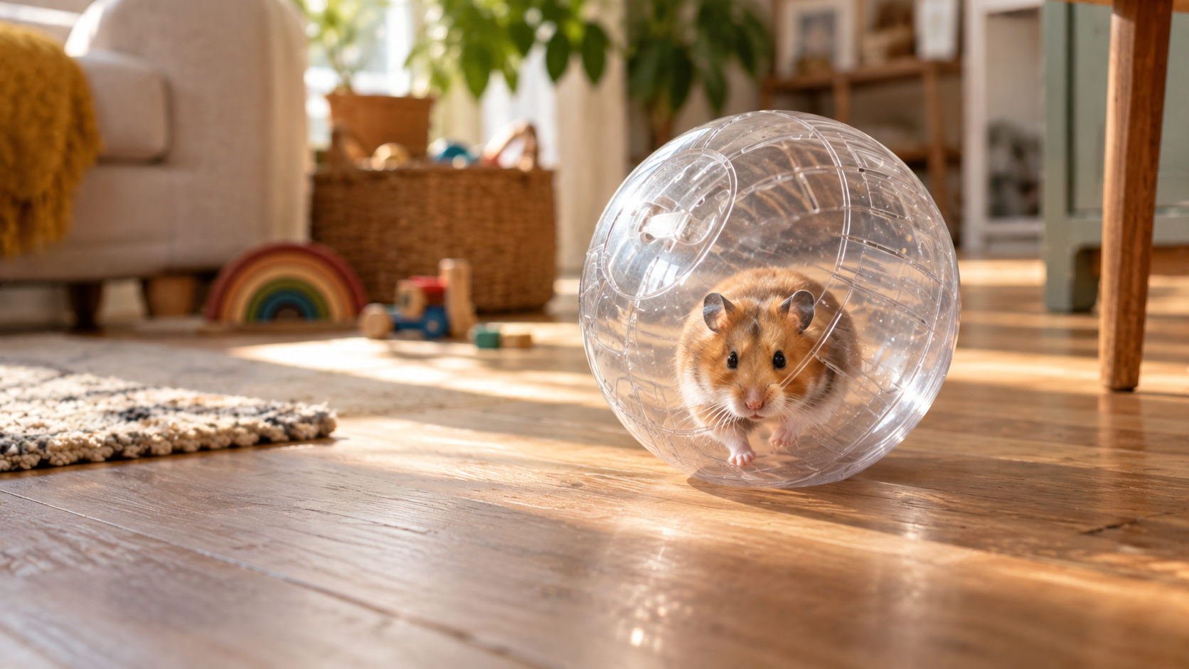 Hamsterbal rolt door de huiskamer