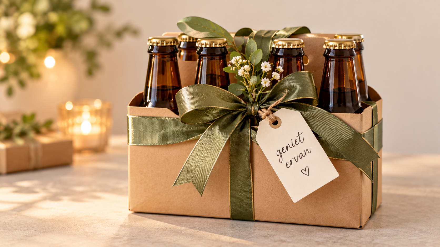 Cadeauverpakt bierpakket met strik en een kaartje met de tekst geniet ervan