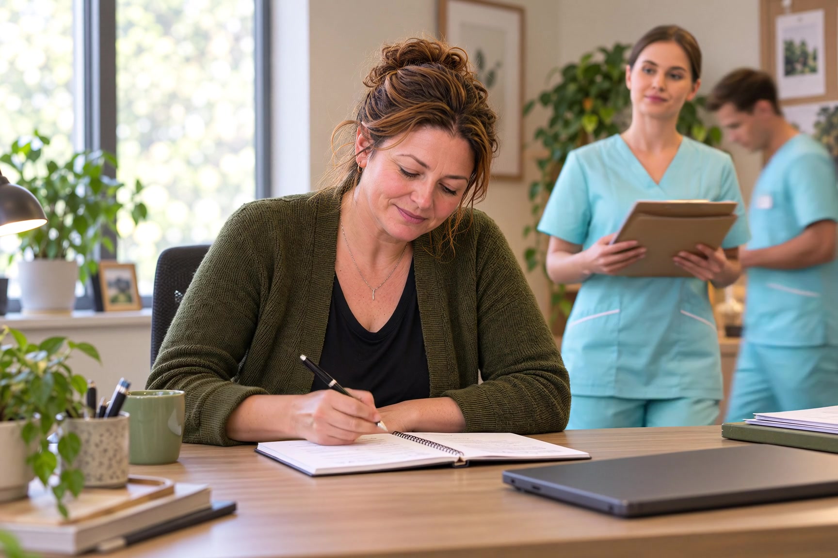 Leidinggevende in gesprek met zorgcollega's