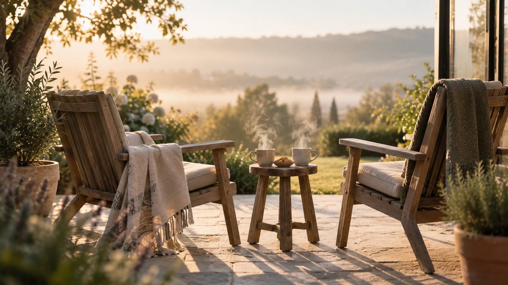 Twee tuinstoelen met koffie in zacht ochtendlicht