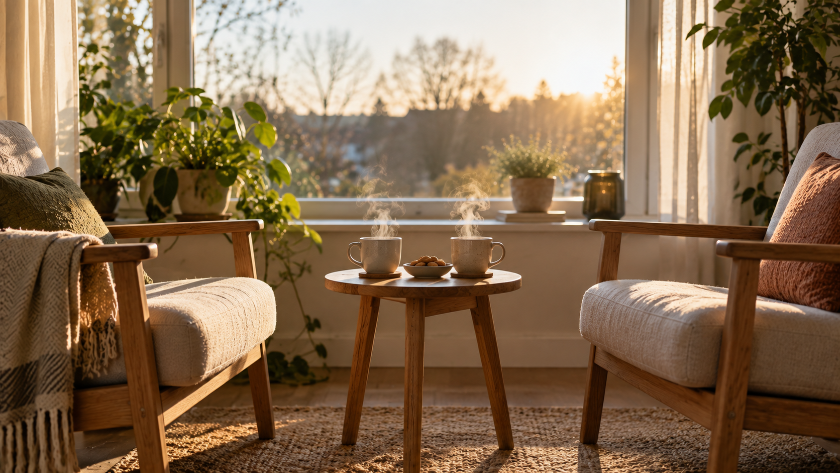 Twee stoelen bij het raam met koffie