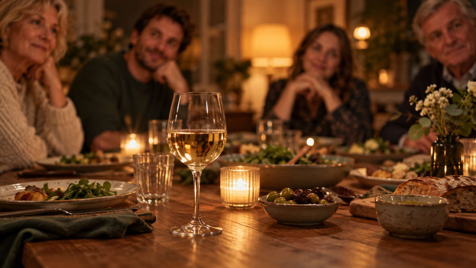 Familietafel bij avondlicht met een wijnglas op de voorgrond