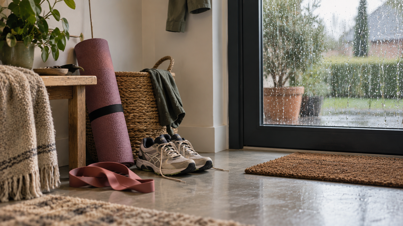 Hardloopschoenen naast een yogamat en weerstandsband