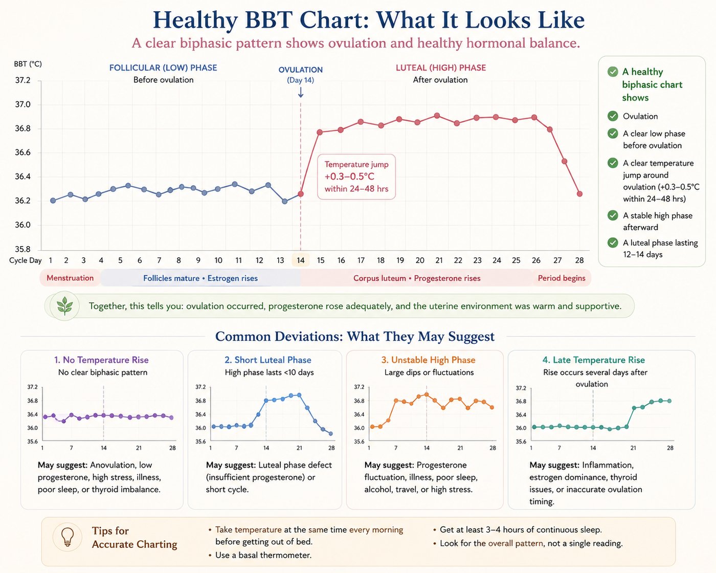 Healthy BBT chart: a clear biphasic pattern with a low follicular phase, ovulation around day 14, a temperature jump of 0.3 to 0.5 degrees Celsius, and a stable luteal phase of 12 to 14 days. Four common deviations shown: no temperature rise, short luteal phase, unstable high phase, and late temperature rise — each with possible explanations and a tip box for accurate charting.