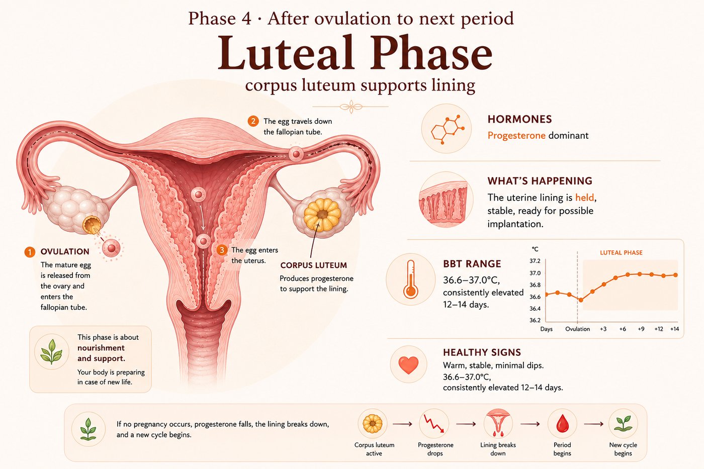 Phase 4, Luteal phase: after ovulation to next period. Progesterone dominant. The uterine lining is held, stable, ready for possible implantation. BBT 36.6 to 37.0°C, consistently elevated 12 to 14 days. Warm, stable, minimal dips.