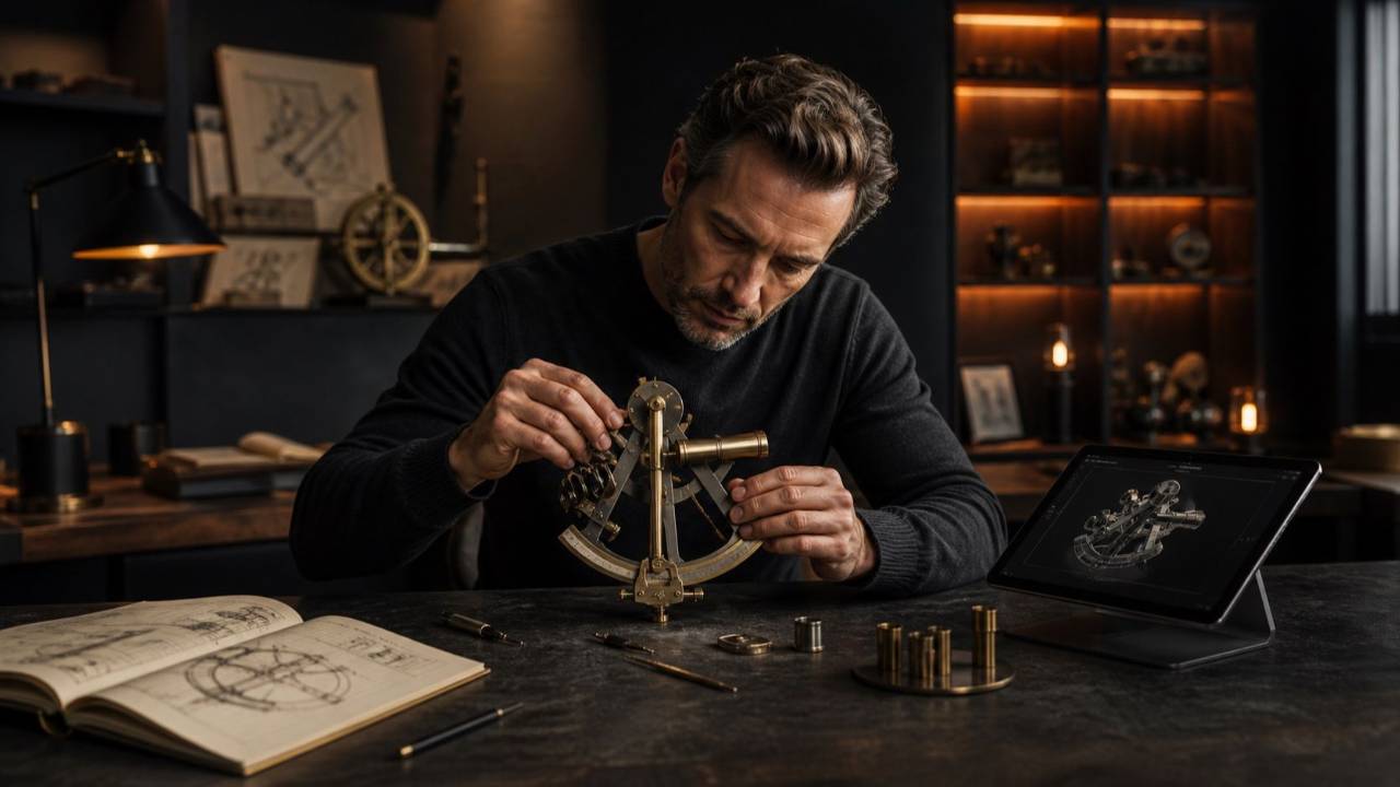 Founder refining a precision instrument beside an AI-assisted design surface