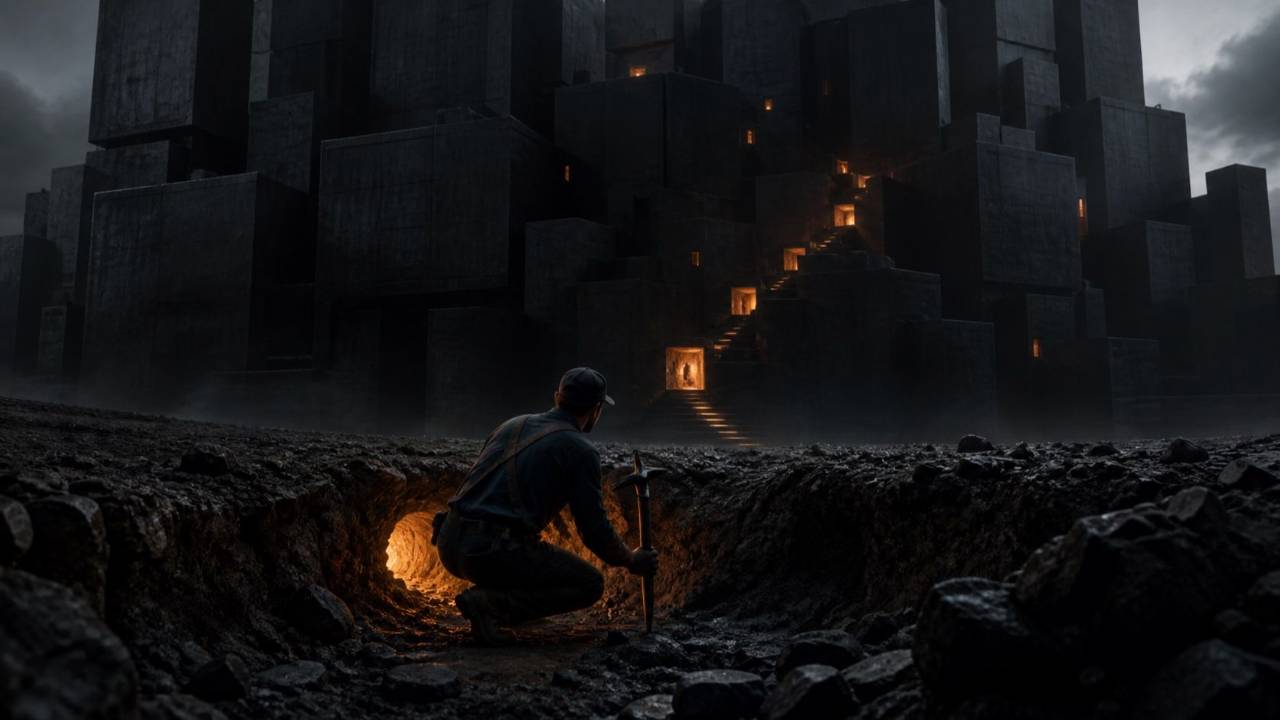 Independent operator finding an orange-lit path into a dark corporate monolith