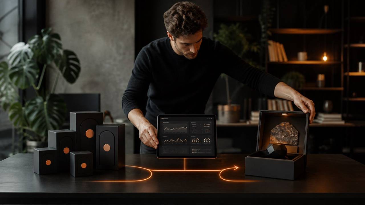 Solo founder arranging AI-powered product and premium expertise offers