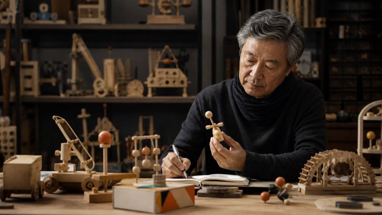 Veteran entrepreneur studying educational toy prototypes in a workshop