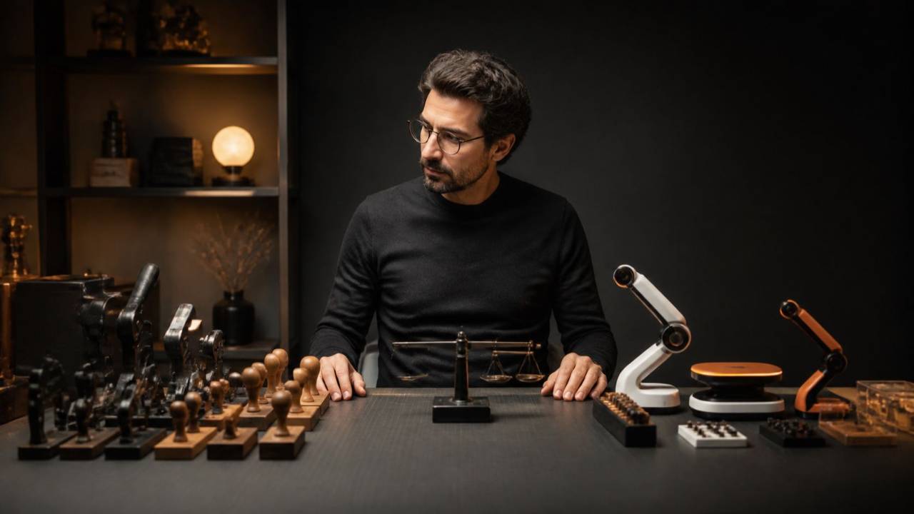 Professional comparing human tools and AI-assisted instruments at a workbench
