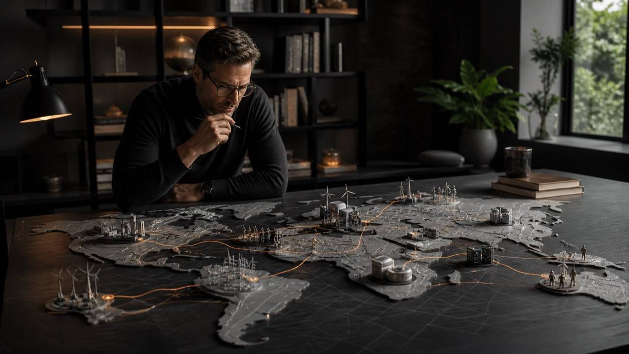 Strategist studying interconnected technology and market systems