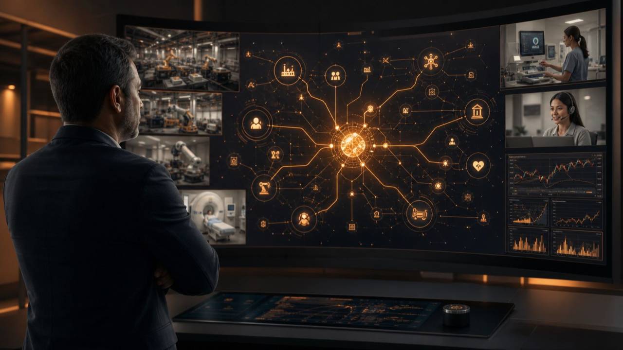 Enterprise executive reviewing an integrated industrial AI agent system