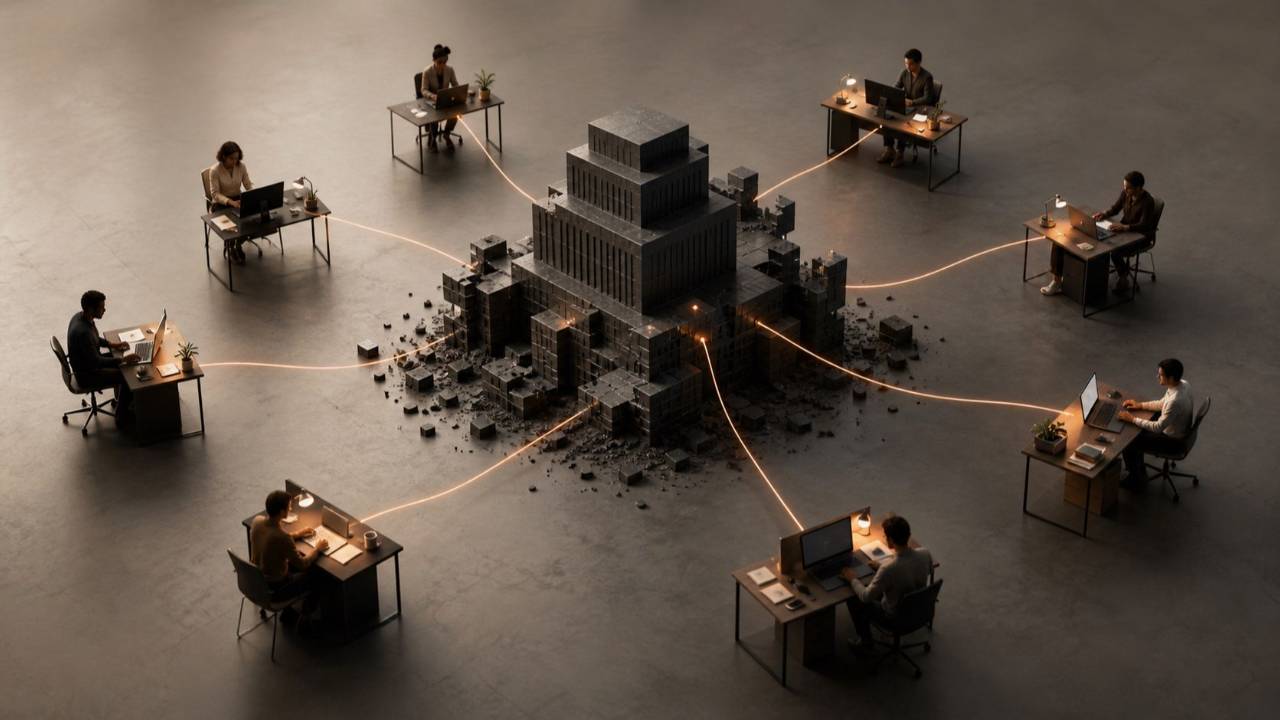 Independent AI-enabled operators connected around a dissolving enterprise hierarchy