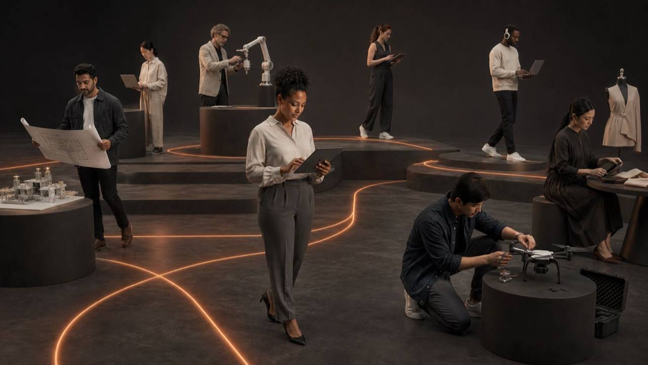 Diverse professionals navigating AI-enabled career transitions along orange pathways