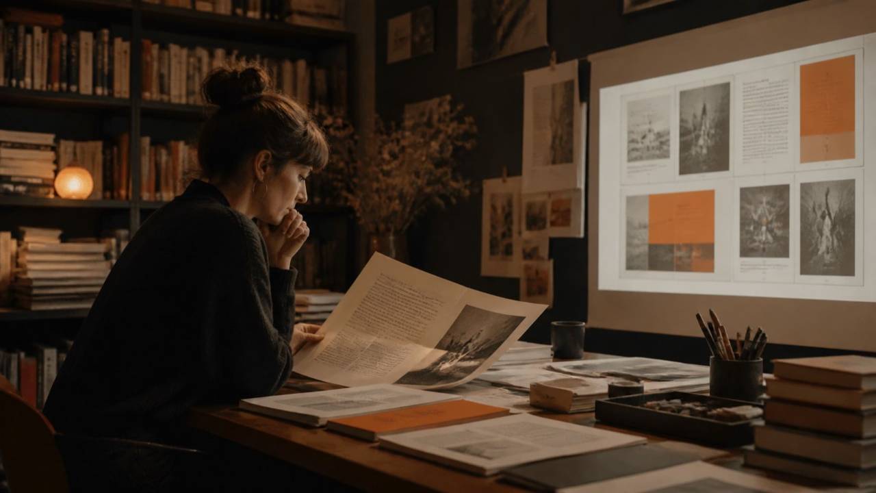 Editor reviewing a manuscript alongside an AI-assisted publishing layout
