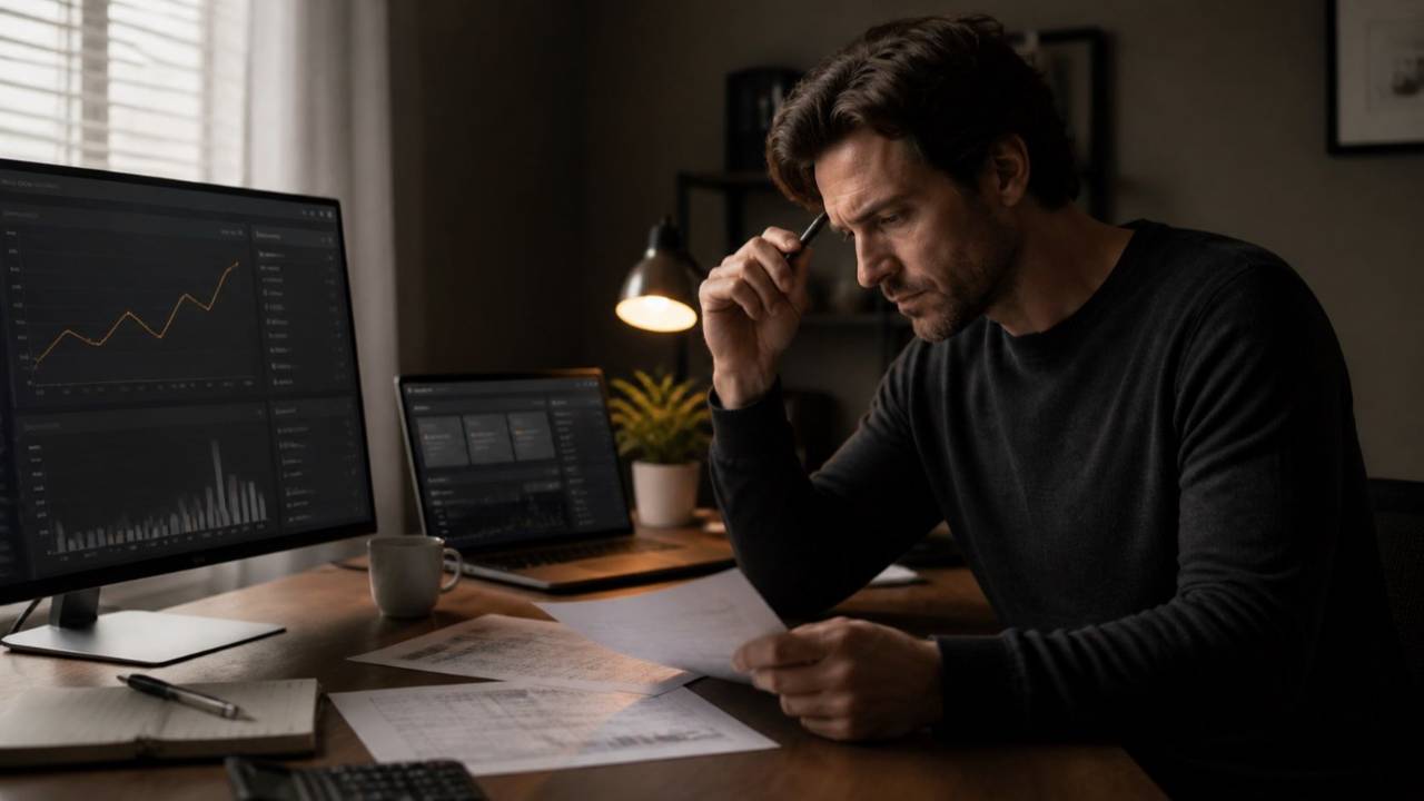 Solo founder reviewing cash flow and revenue trends in a home studio