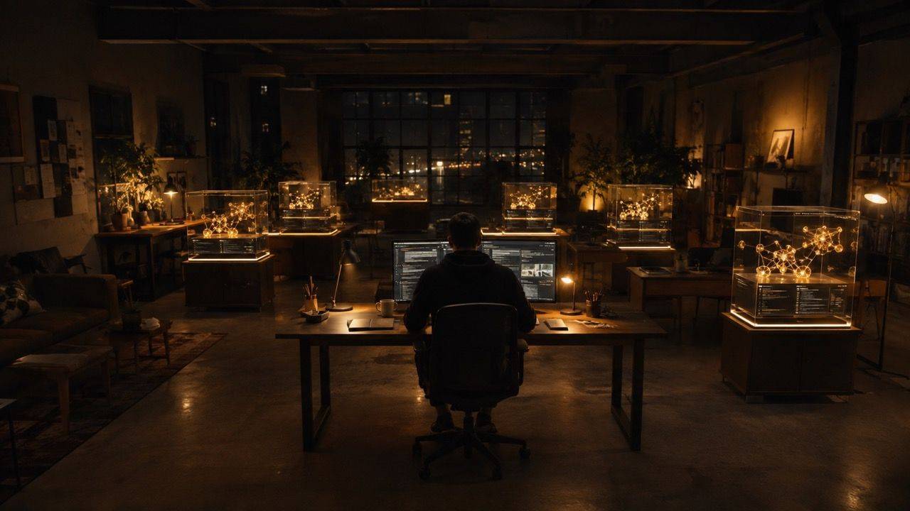 Lone founder orchestrating active AI agent workstations late at night in an autonomous enterprise