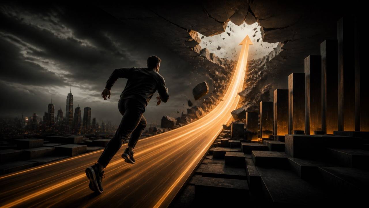 SOLOMOAT illustration of a solopreneur breaking a revenue ceiling with a sprint protocol