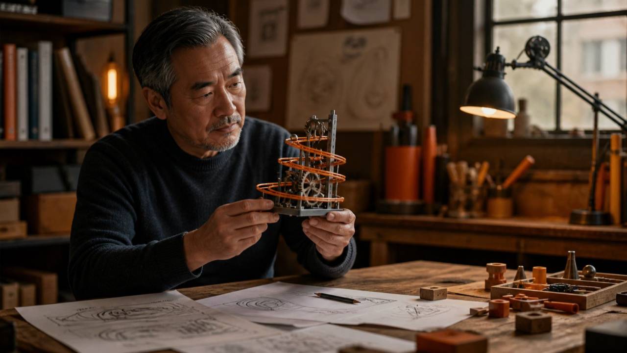 Veteran entrepreneur examining mechanical educational toy prototypes in a workshop