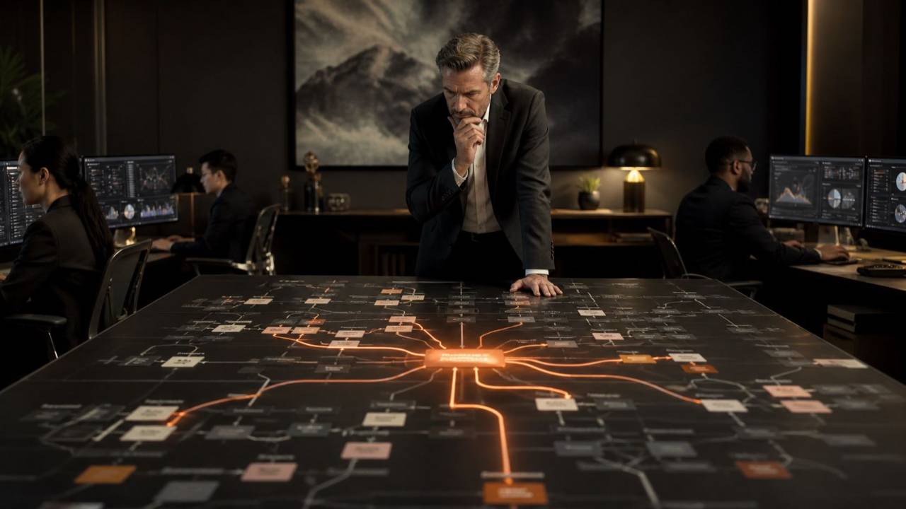 Enterprise strategist reviewing an AI-enabled workflow map with a central decision bottleneck