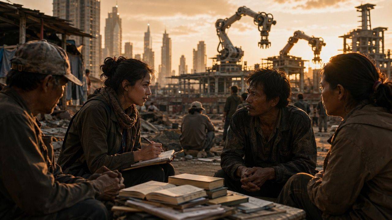 Social researcher listening to workers affected by automation in an AI-transformed city