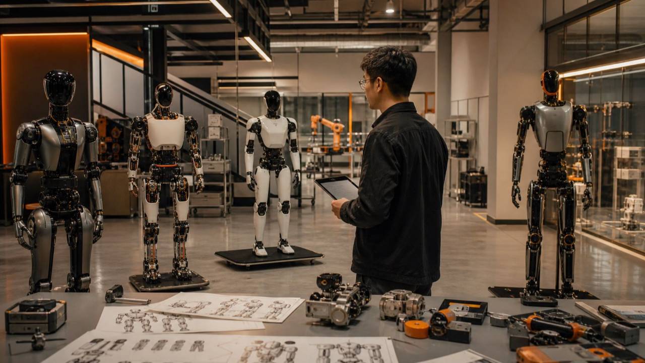 Research lead comparing humanoid robot prototypes in a lab