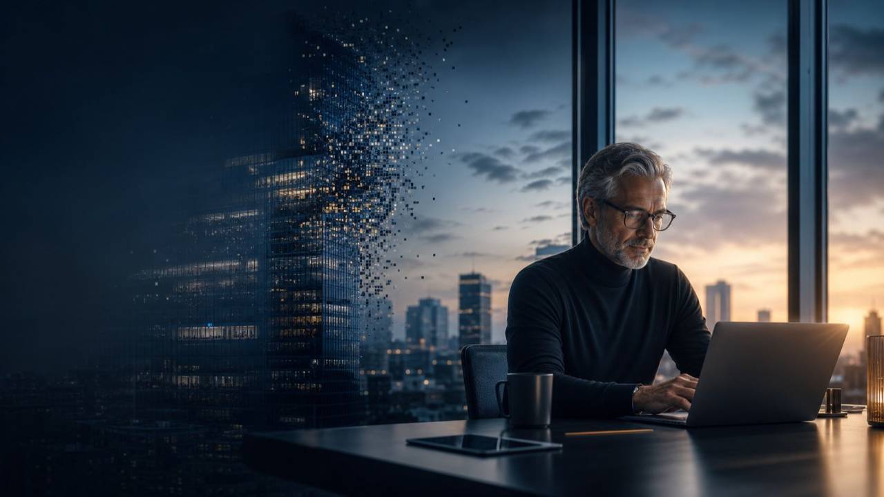 Senior professional building an AI-enabled one-person company as a corporate tower dissolves