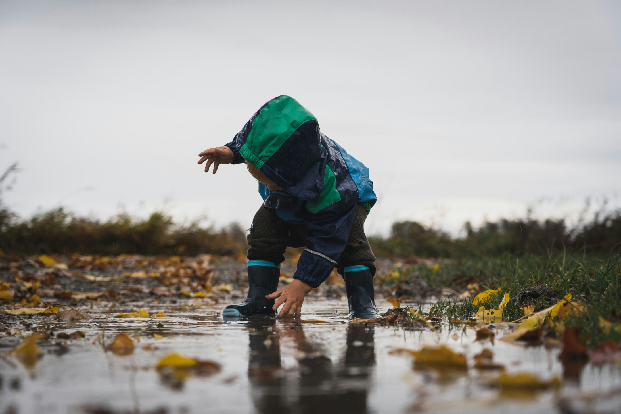 boy playing in a puddle autumn leaves raincoat jack happy child free play