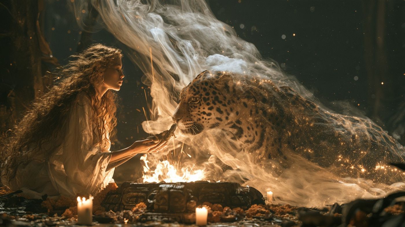 La jaguar sale del humo del copal frente al altar