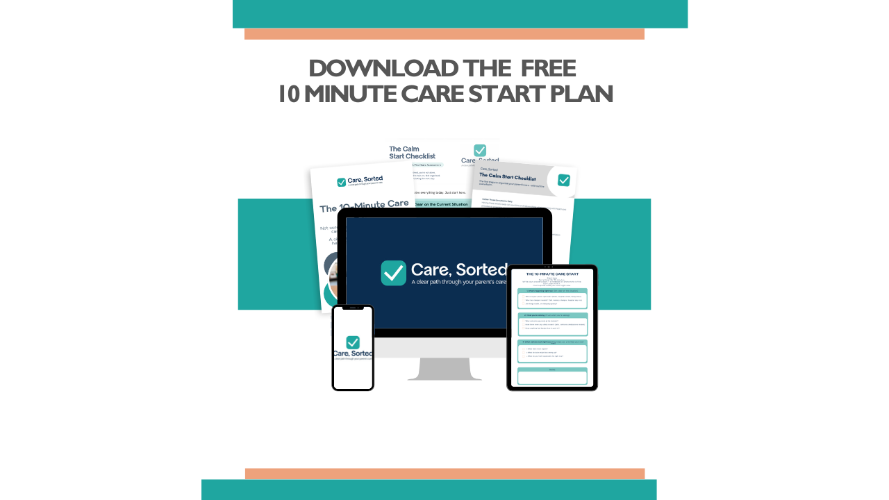 Care, Sorted 10 Minute Care Start Plan download showing a free aged care planning checklist and resources for adult children supporting ageing parents in Australia.