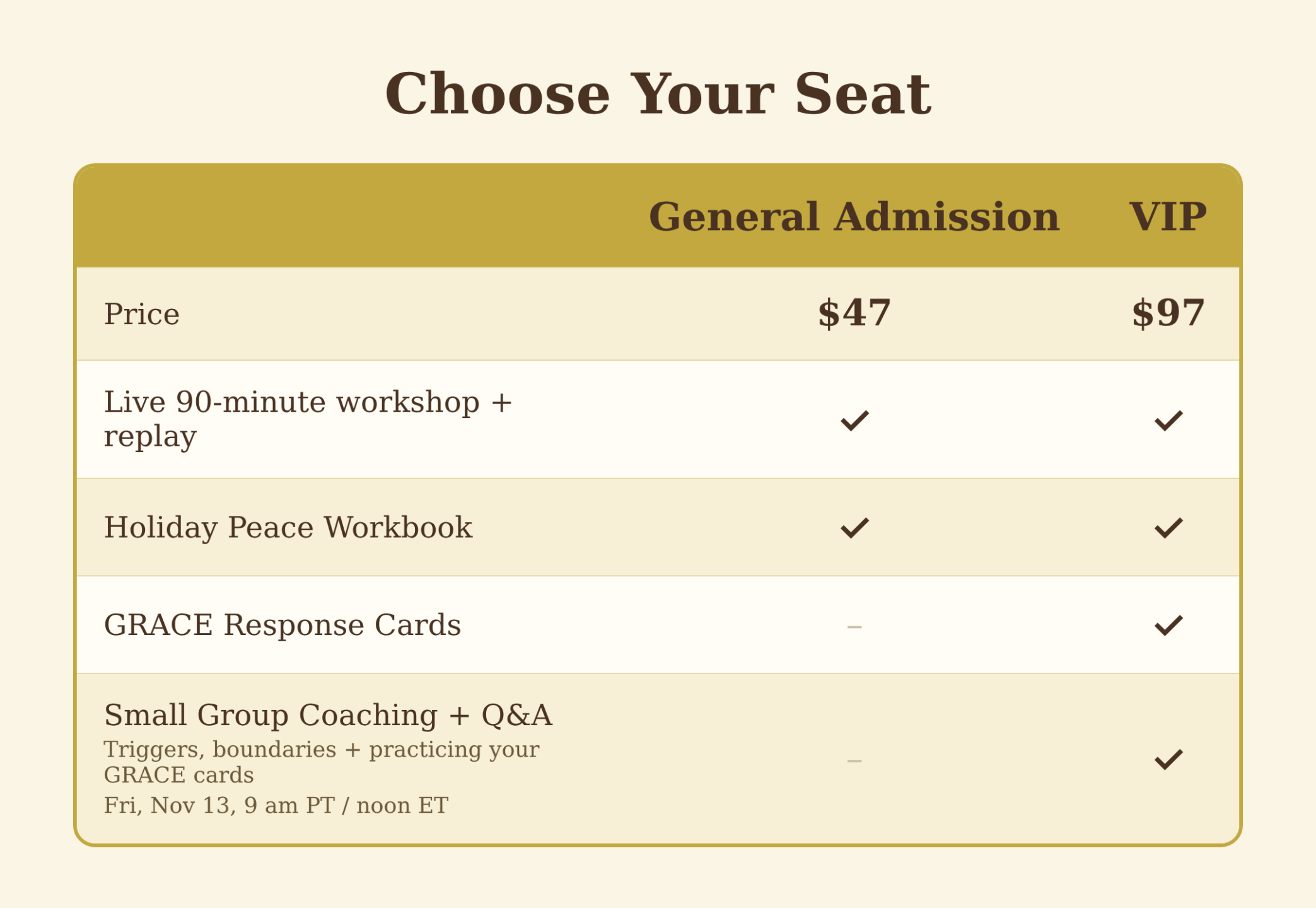 Choose your seat graphic for the ABCs of Peace: Love Your Family Without Dreading the Holidays Workshop