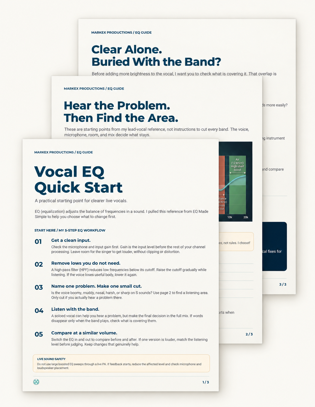 Three stacked pages from my Vocal EQ Quick Start guide, with page one in front and pages two and three partially covered
