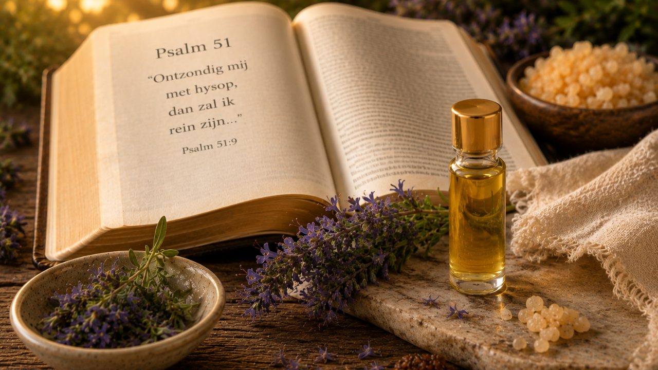 Open Bijbel bij Psalm 51 met hysop zalfolie als symbool van reiniging, herstel en een nieuw begin