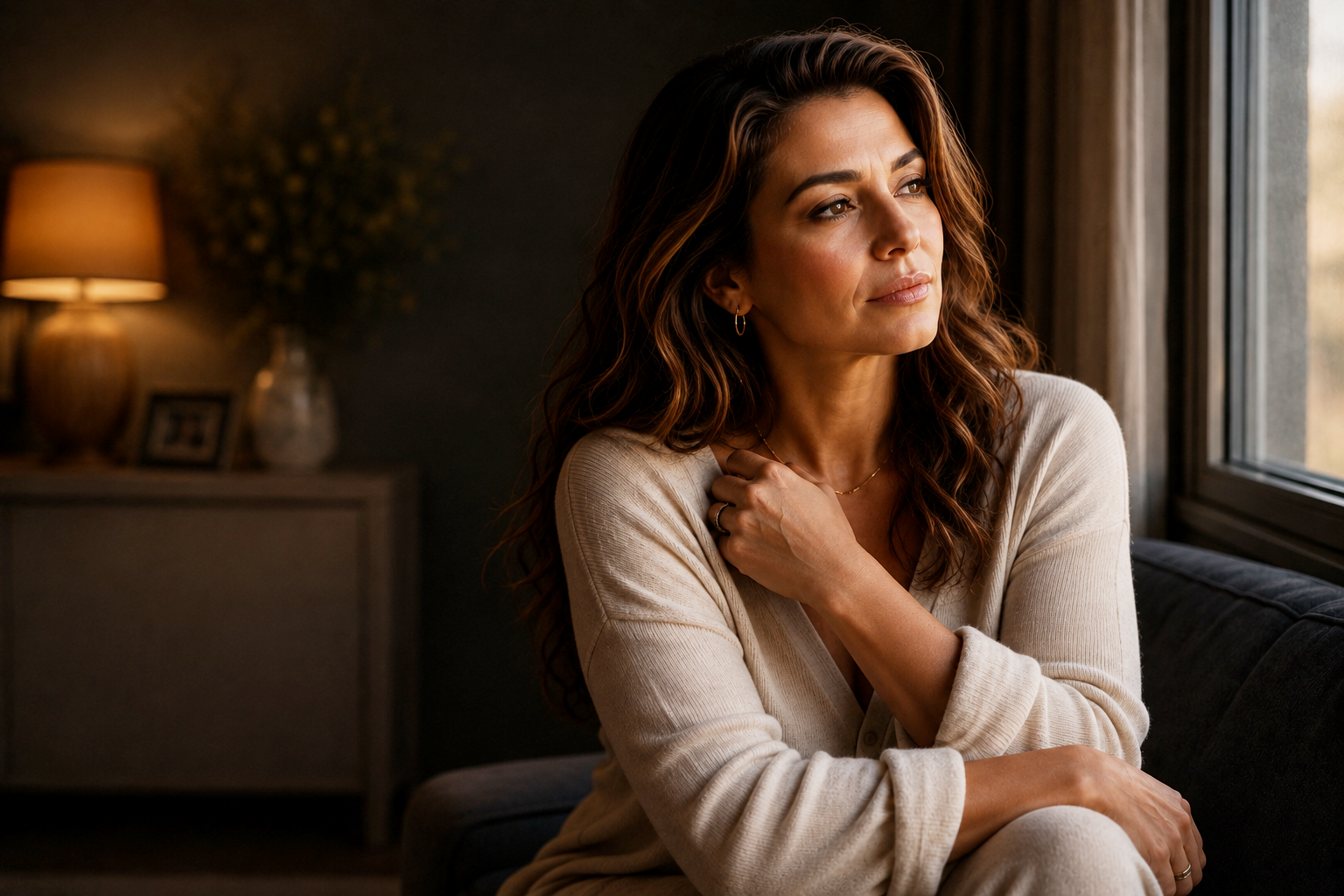 A woman sitting quietly, reflecting on a season of heartache
