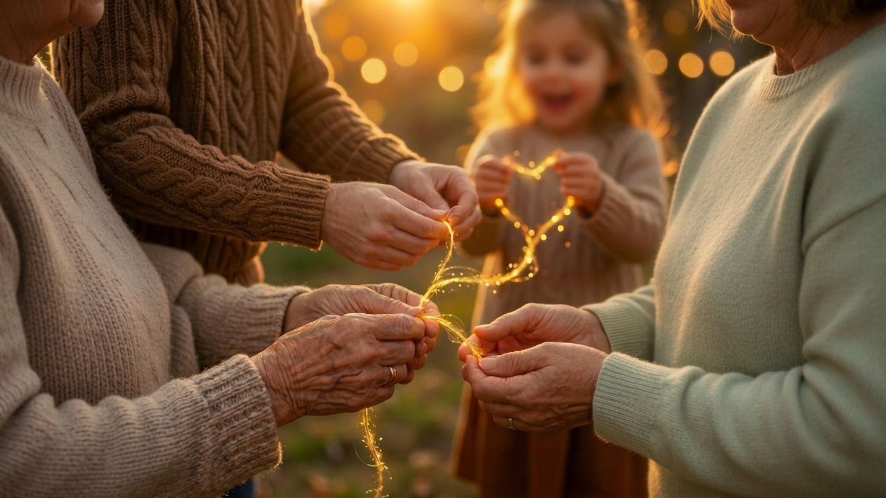 Weathered and young hands pass a glowing thread of golden lights that forms a heart, representing wisdom lovingly passed down across generations.