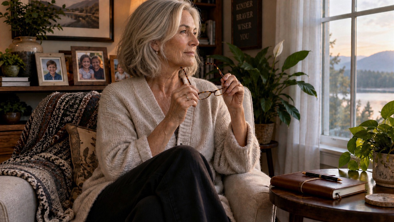 Gray-haired woman holds her reading glasses and gazes out at a sunset lake, family photos behind her and a journal beside her.