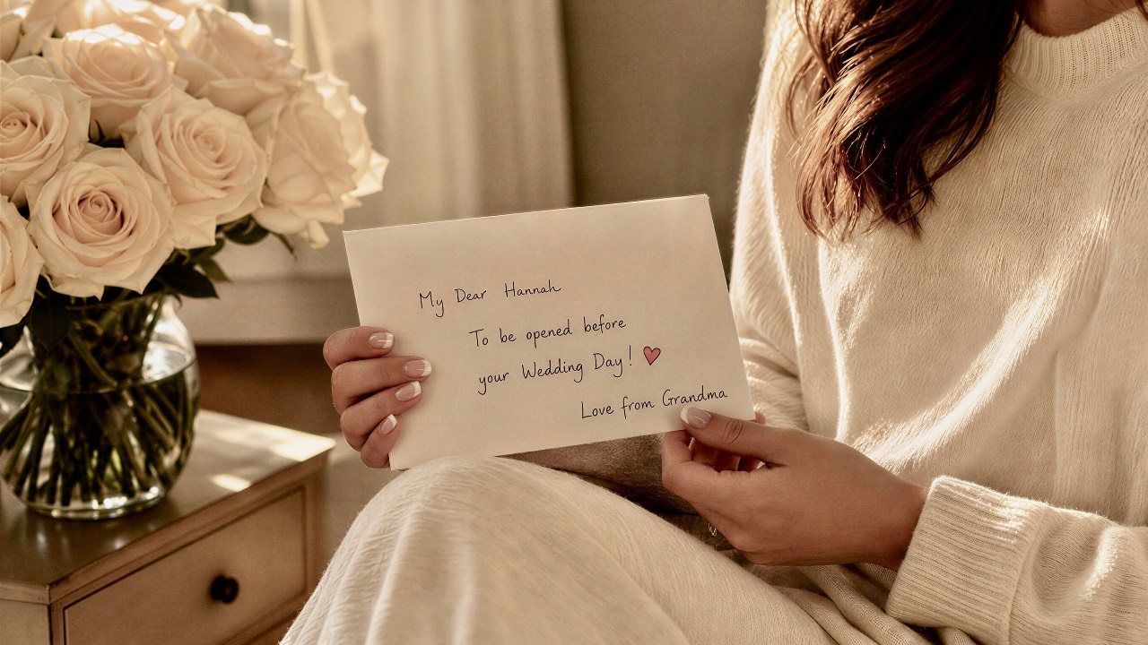 Woman holding a handwritten letter from her grandmother reading 'To be opened before your Wedding Day,' beside a bouquet of cream roses
